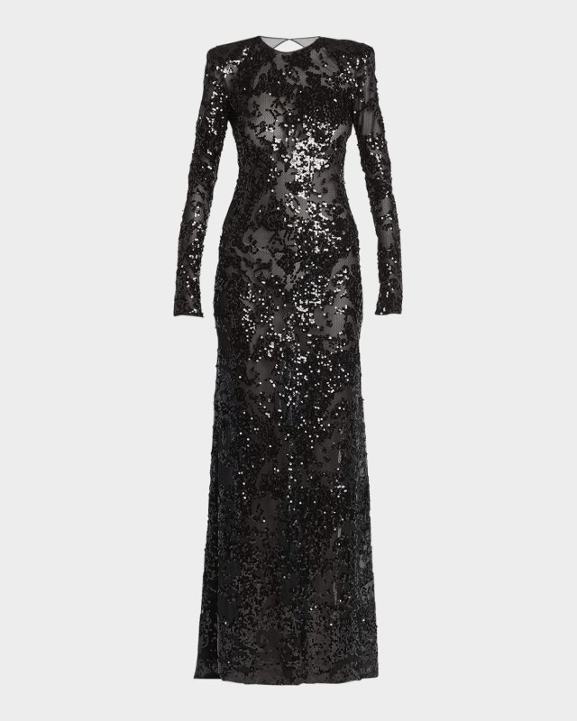 Long-Sleeve Backless Sequined Gown
